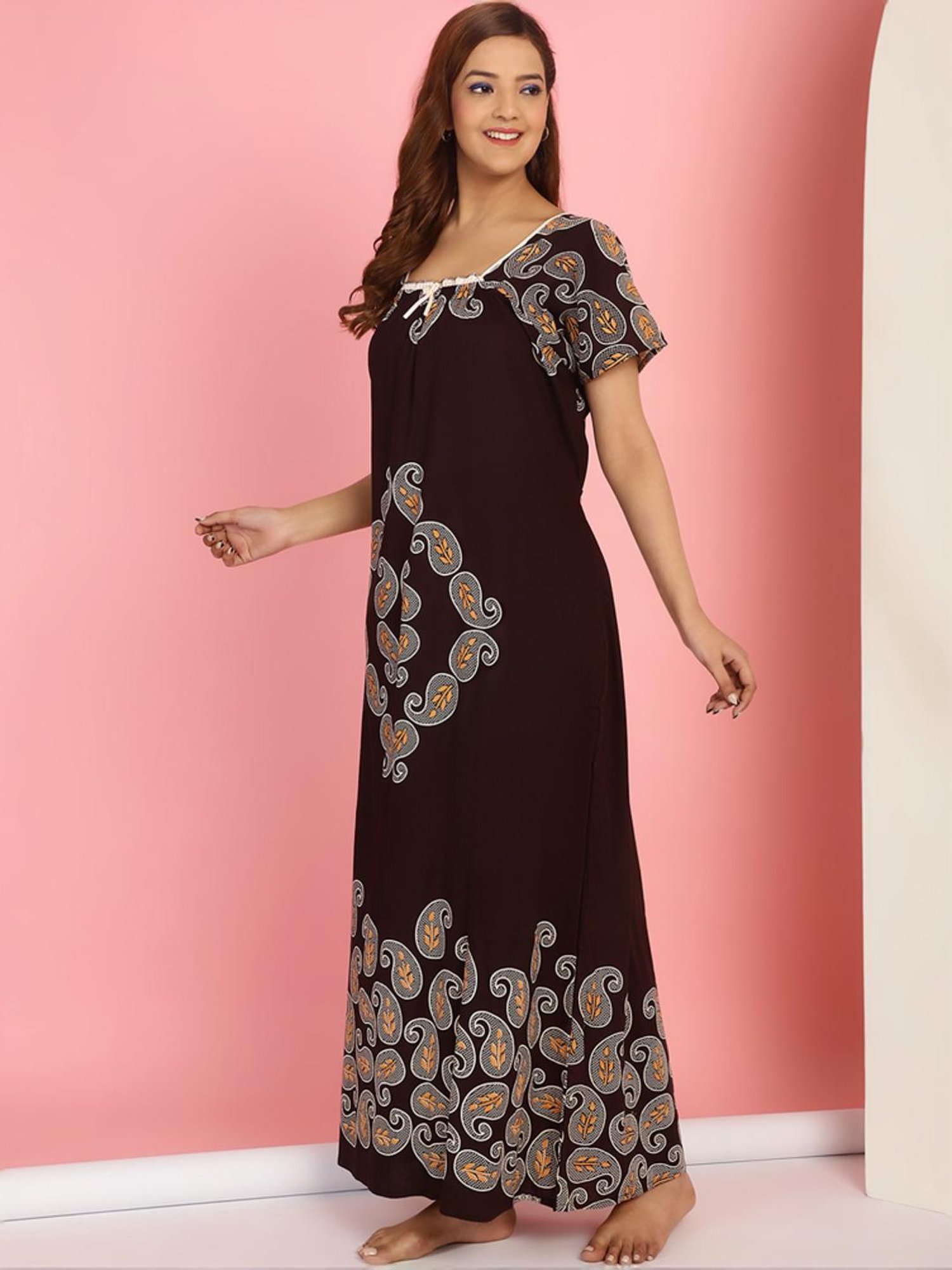 Secret Wish Brown Cotton Printed Maternity Nighty