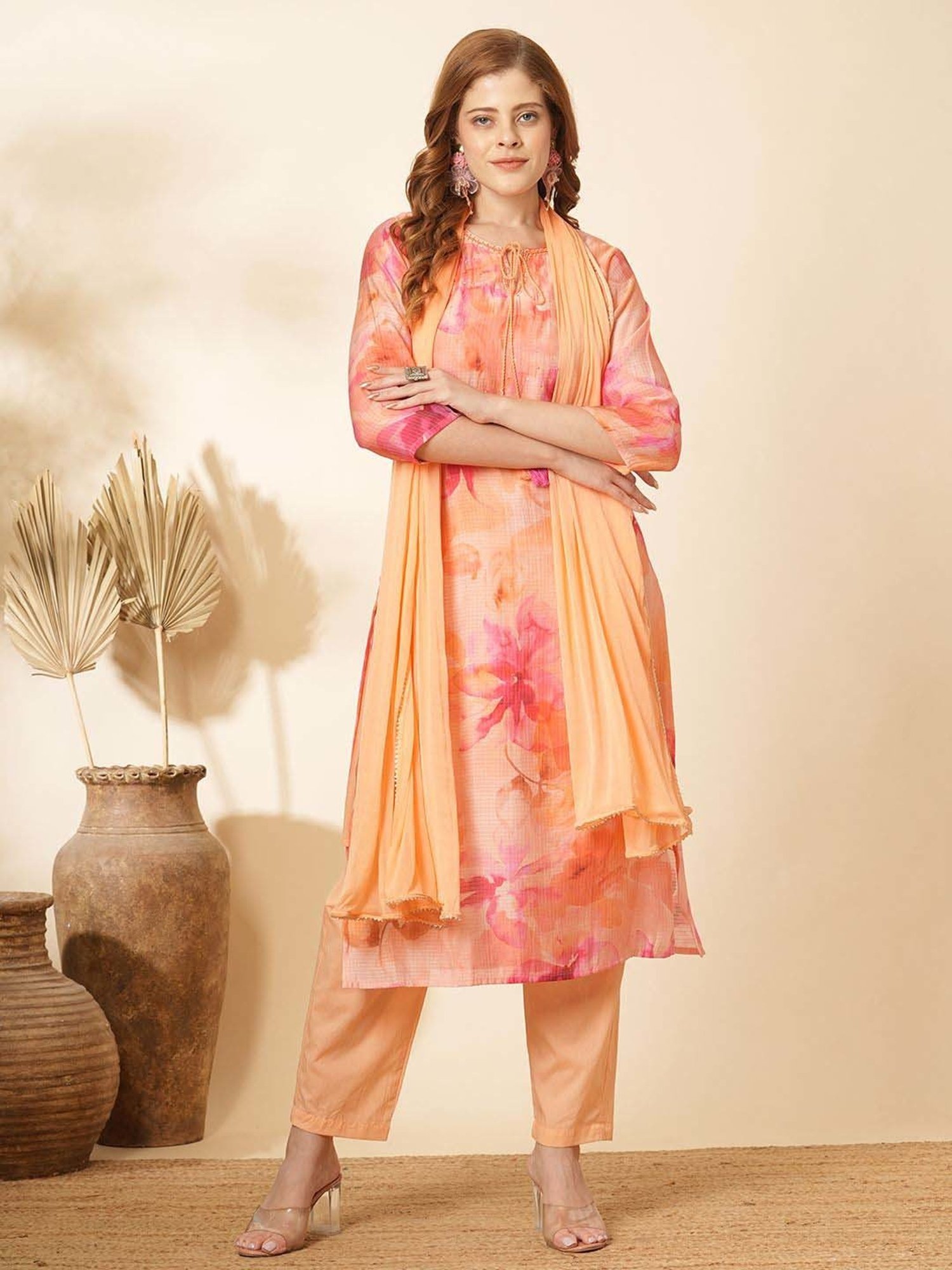 Fashor Peach Floral Print Kurta & Pant Set With Dupatta