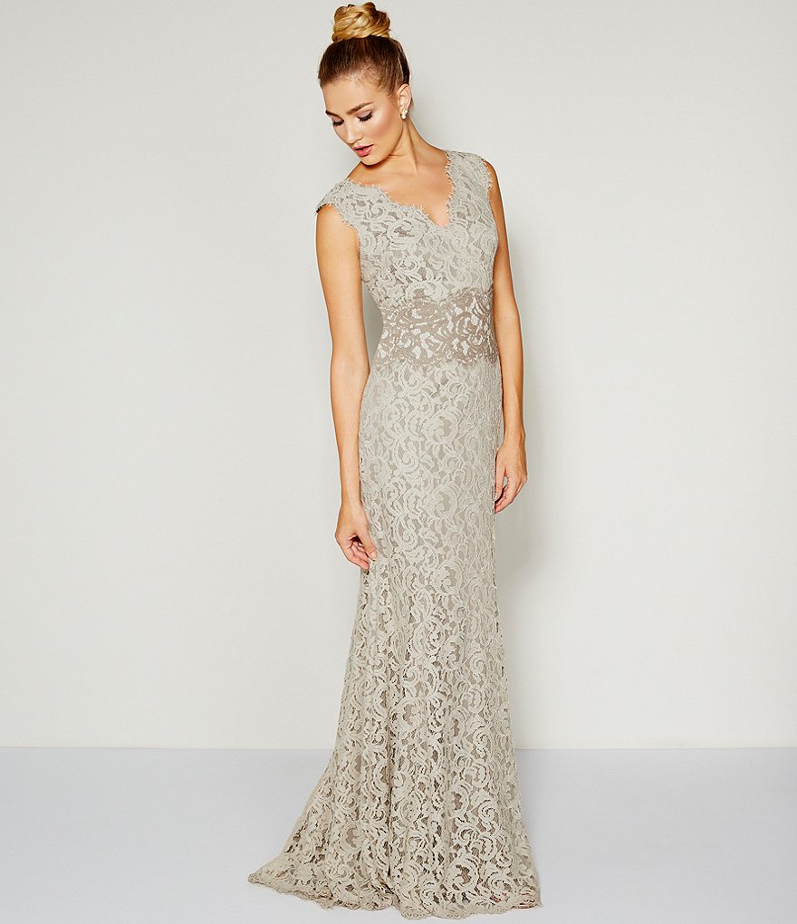 Tadashi Shoji Double-V Scalloped Neck Sleeveless Two Tone Corded Lace Gown