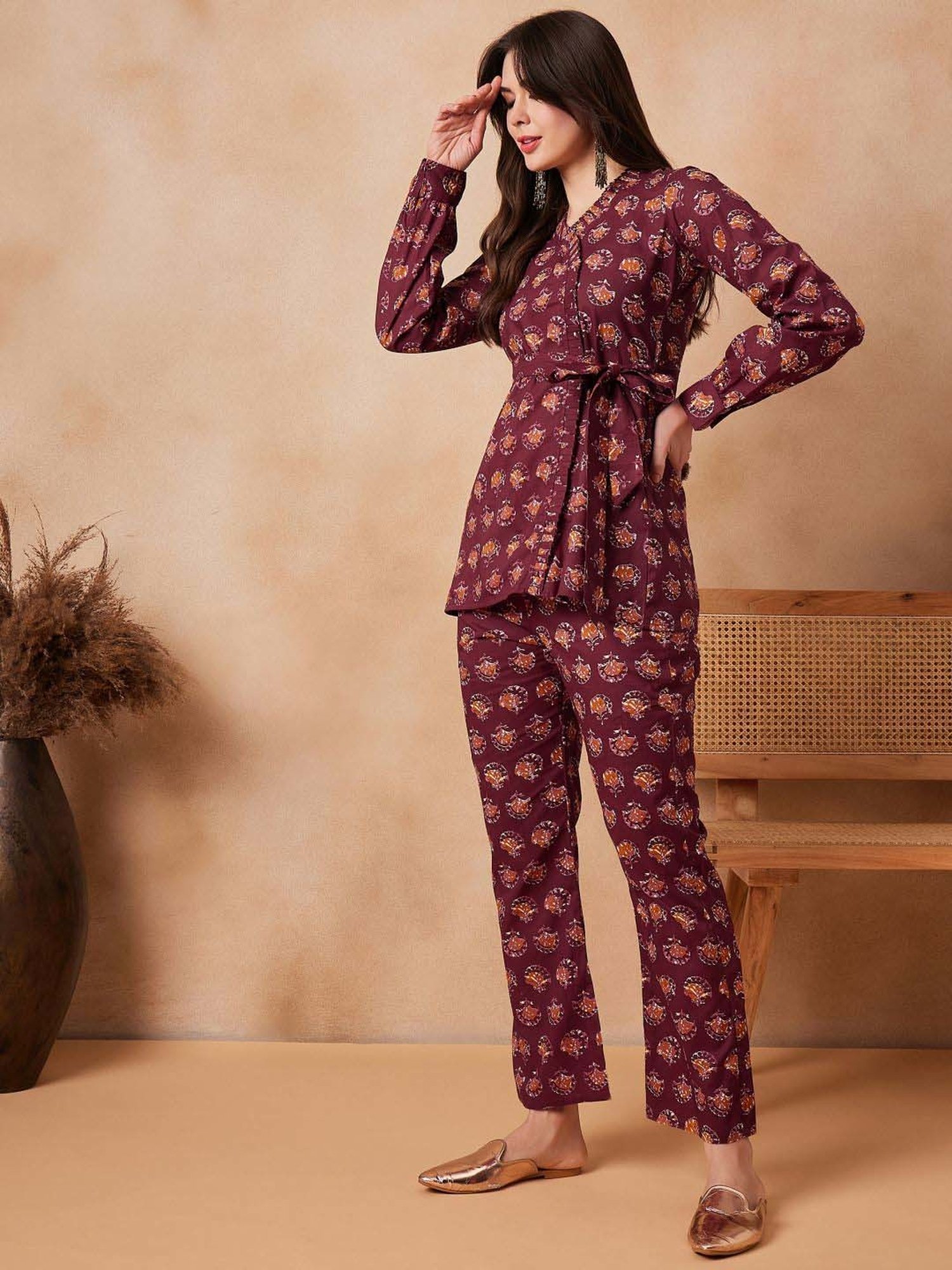 Inweave Maroon Cotton Printed Top & Pant Set