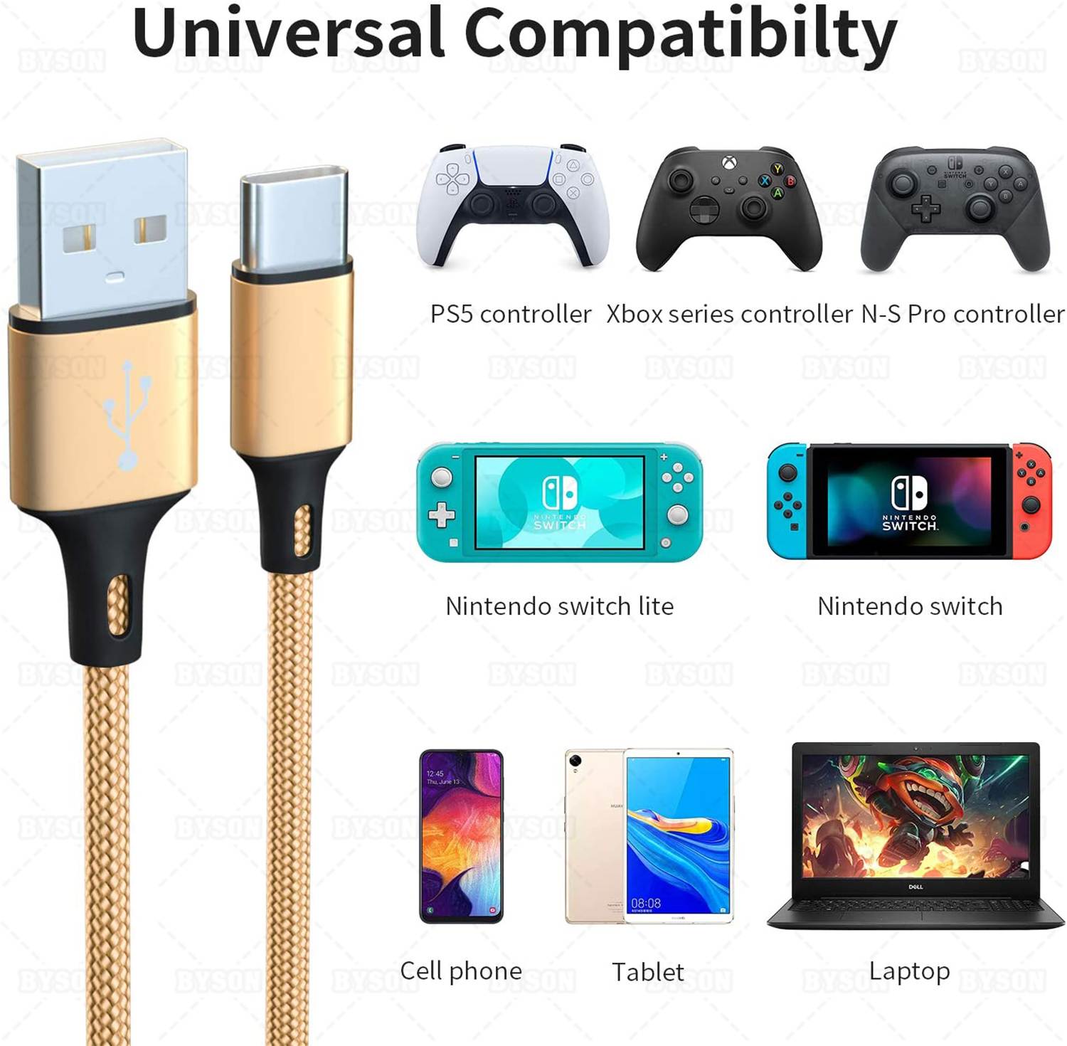 2 Pack 10FT Charging Cable for PS5 DualSense and Xbox Series X/S / Switch Pro Controller, Ackmioxy Charging Cord Nylon Braided Type-C Port Charger Accessories for Playstation 5/ Xbox Series S/X(Gold)