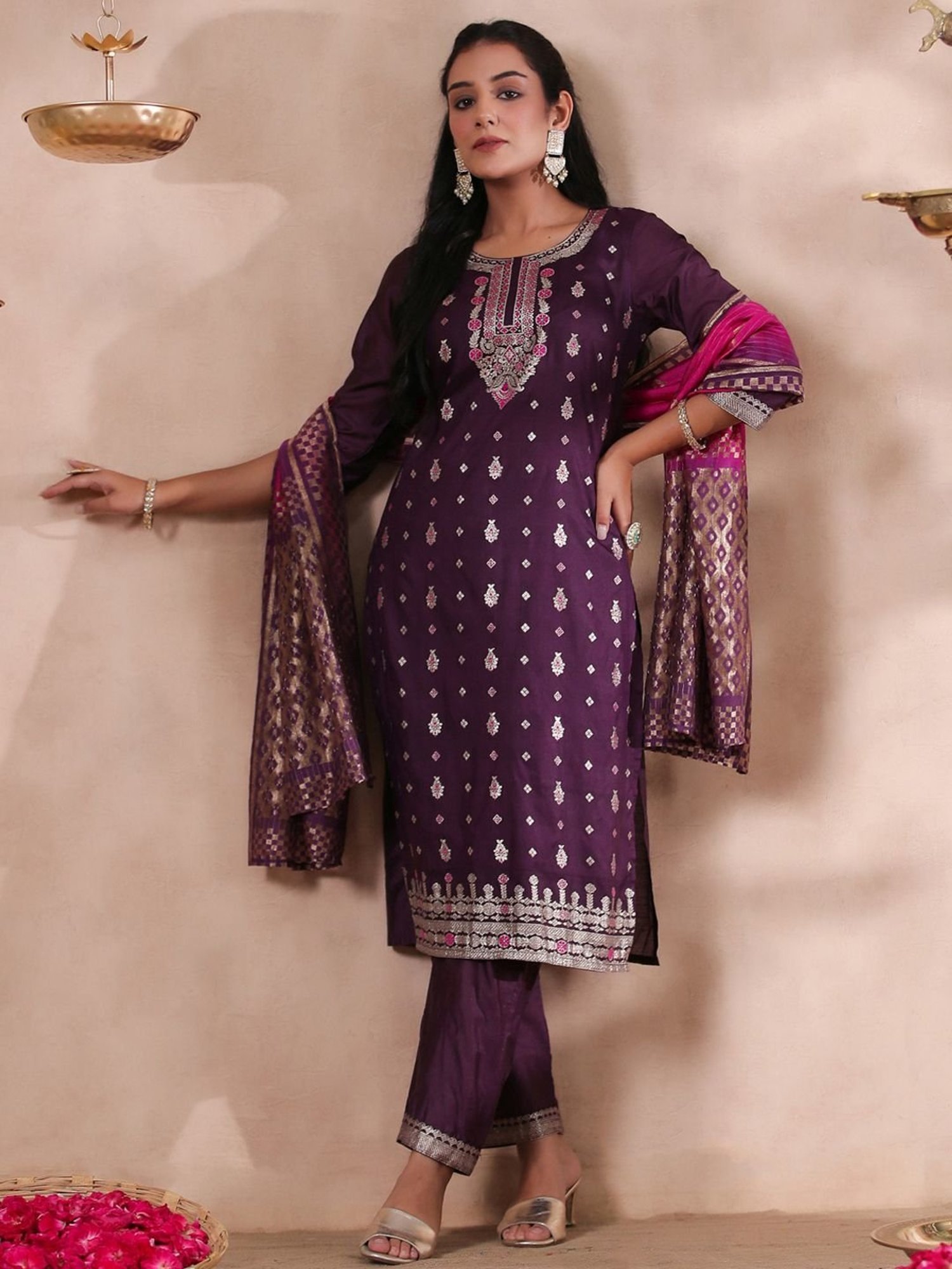 Ishin Purple Woven Pattern Kurta Pant Set With Dupatta