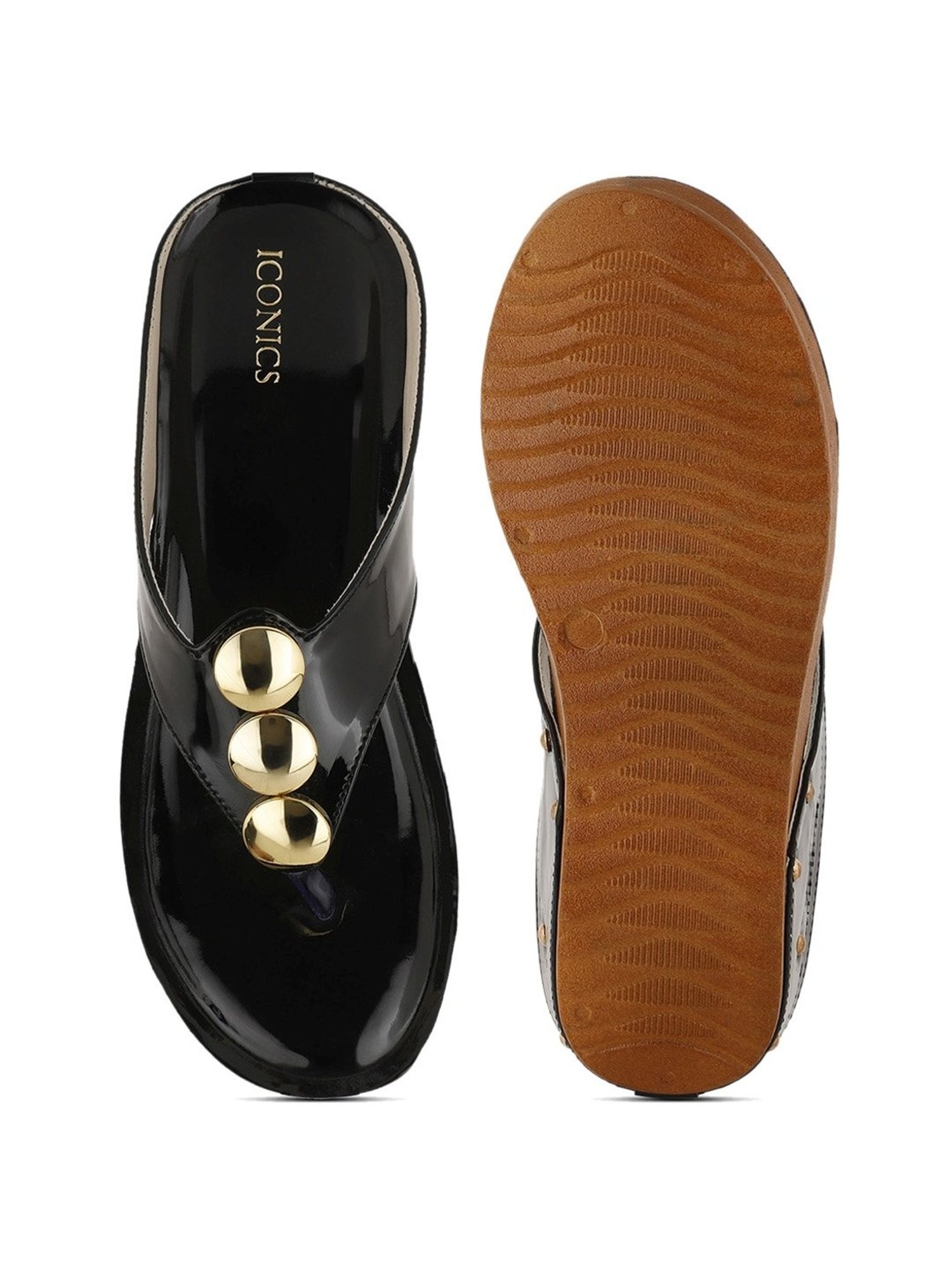 Iconics Women's Black Thong Wedges