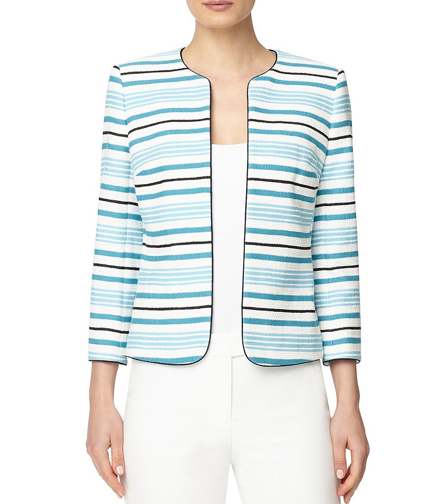 Anne Klein Tweed Thin Stripe Print Piped Jacket