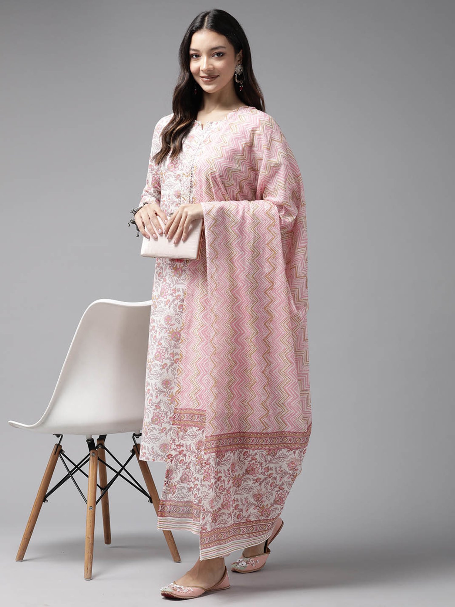 Prakrti White Cotton Floral Print Kurta With Pant & Dupatta