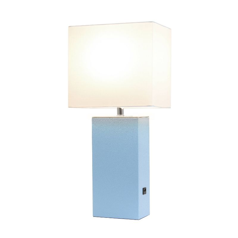 Modern Leather Table Lamp with USB and Fabric Shade Periwinkle - Elegant Designs