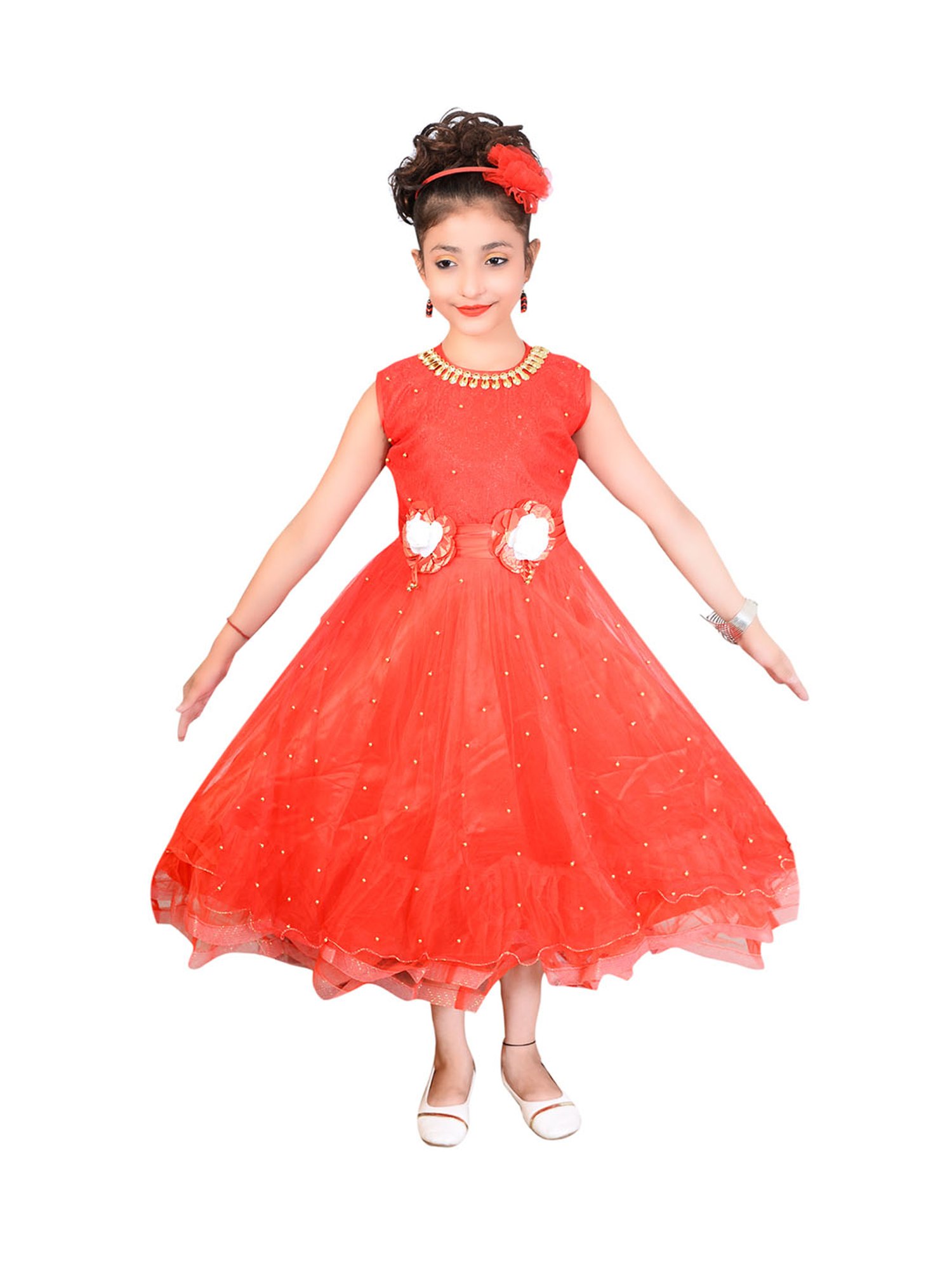 Ahhaaaa Kids Red Embellished Dress, Wings, Hair Band with Fairy Stick