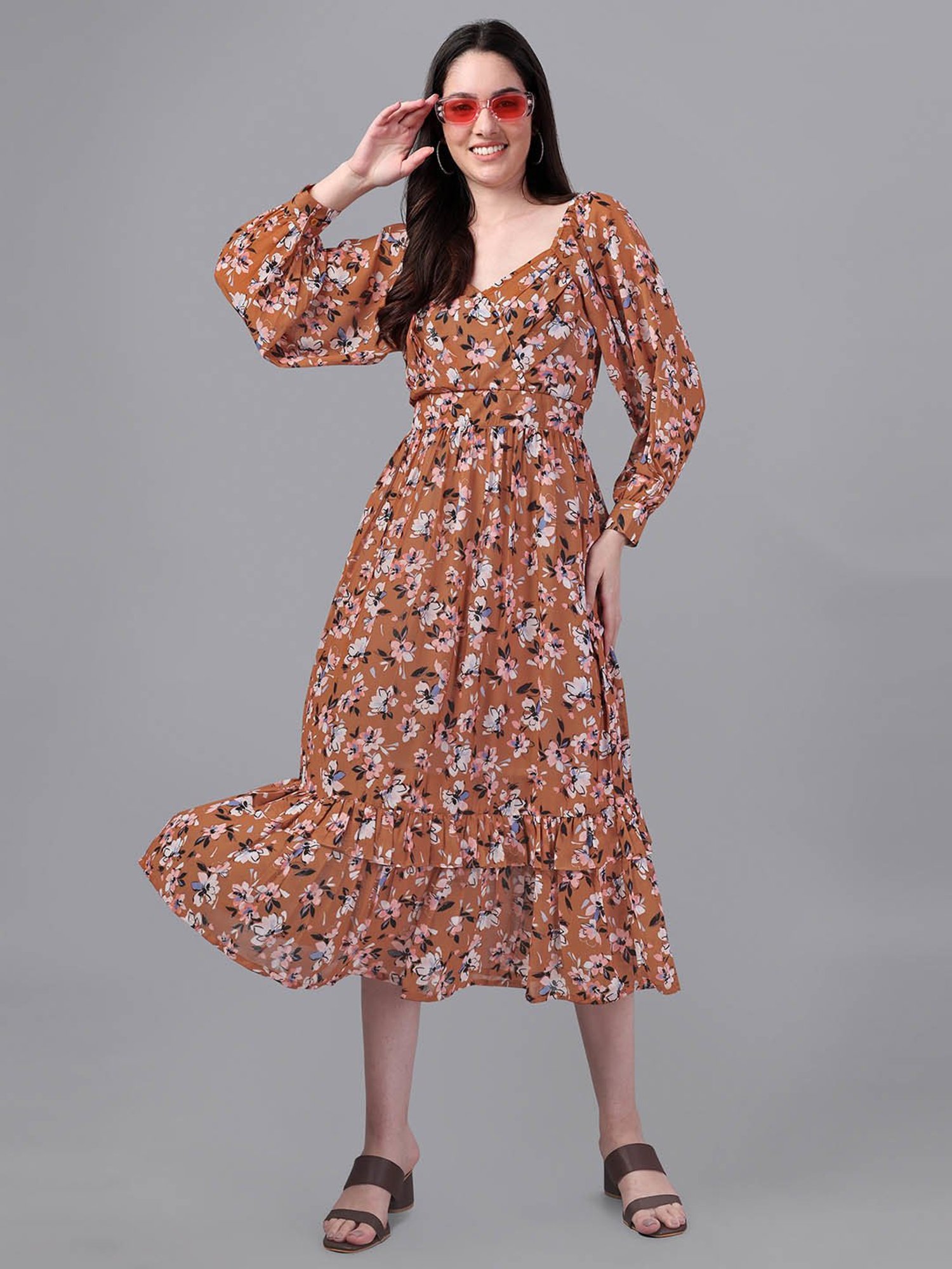 MASAKALI.CO Brown Floral Print Midi Dress