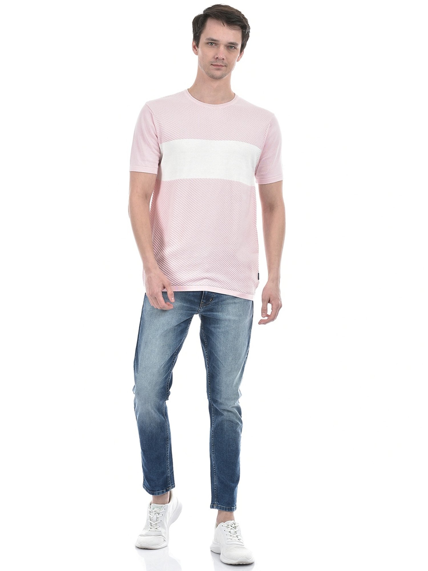 Numero Uno Dusty Pink Cotton Slim Fit Colour Block T-Shirt