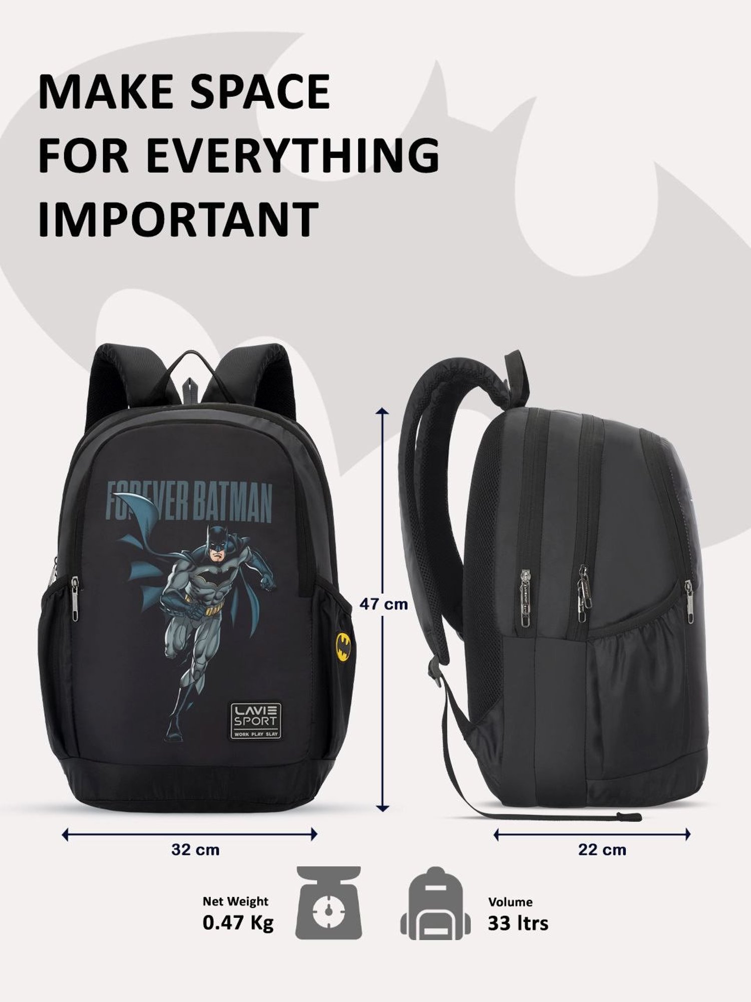 Lavie Sport Batman 33L College Laptop Backpack For Boys & Girls (Black)