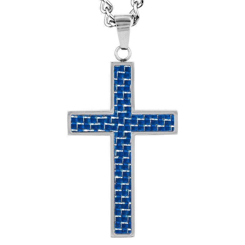 Men's Crucible Carbon Fiber and Polished Stainless Steel Cross Necklace on Curb Chain - Blue (24")