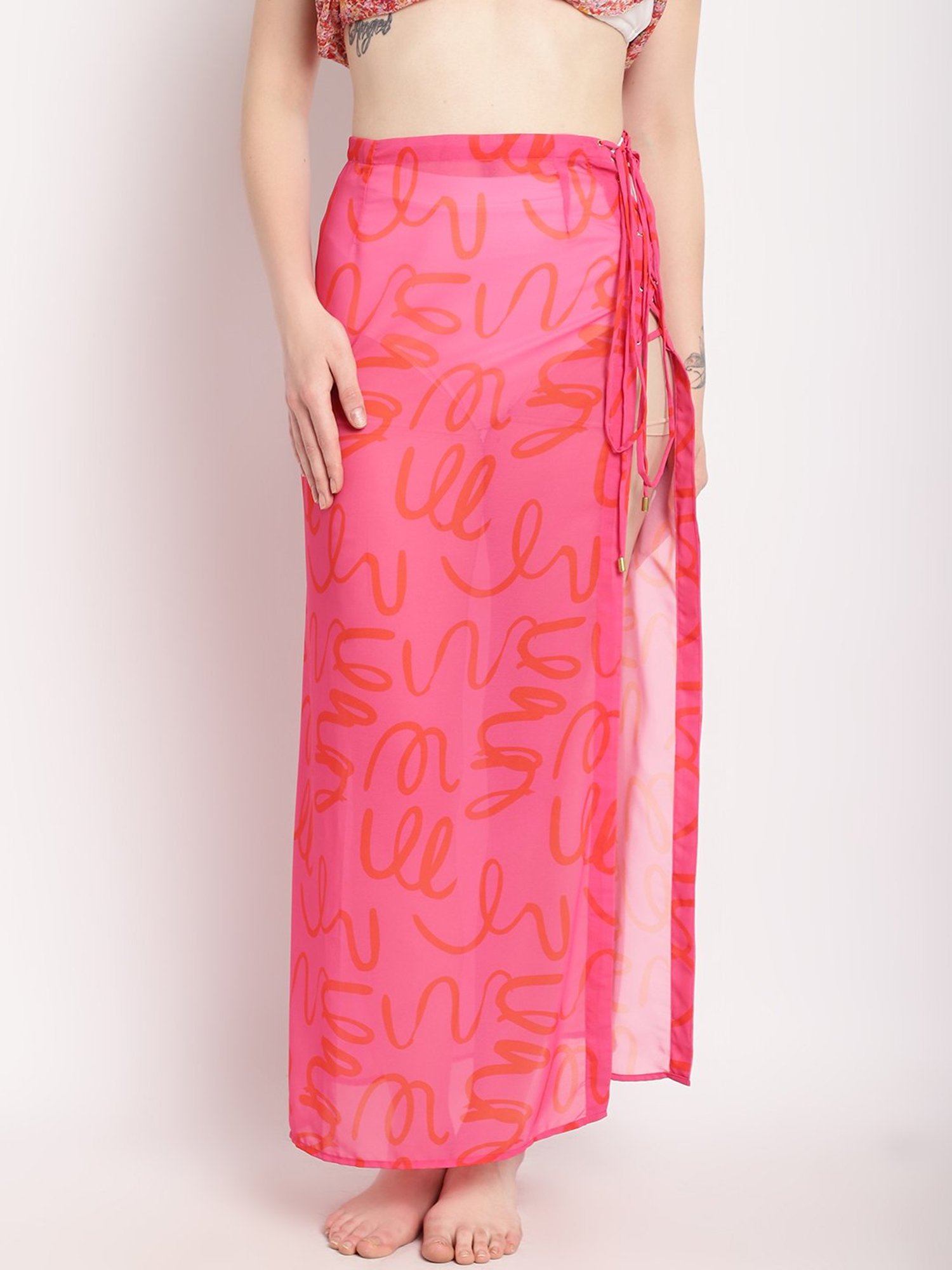 Erotissch Pink Printed Beachwear Cover-Up Wrap Skirt