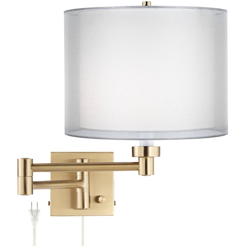 Barnes and Ivy Modern Swing Arm Wall Lamp Warm Antique Brass Plug-In Light Fixture Double Sheer Silver White Drum Shade Bedroom