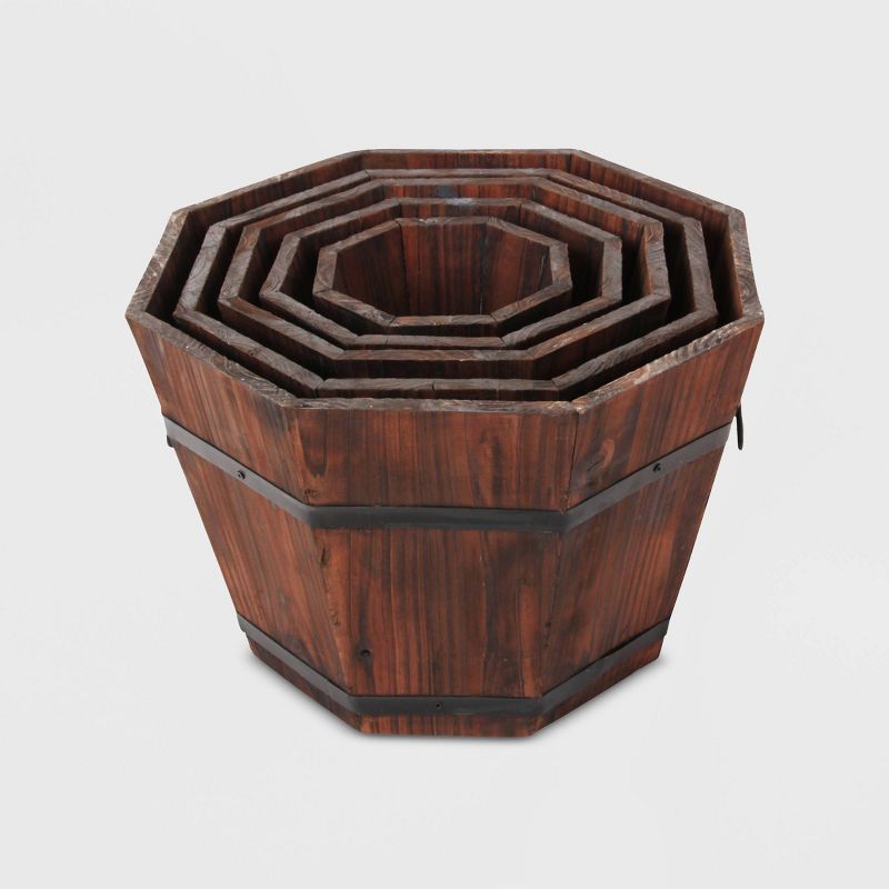 5pc Barrel Style Octagonal Wooden Planters Brown - Leisure Season