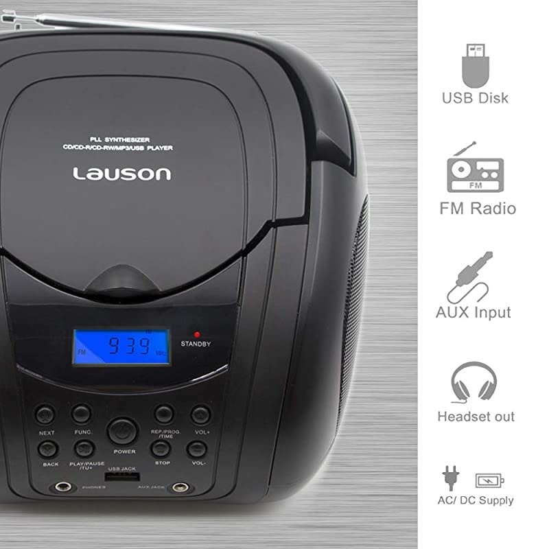 CP555 Boombox with Cd Player | Mp3 | Portable Radio | CDPlayer | Stereo with USB | Cd Player for Kids | LED Light | Headphone Jack 35mm | CDRadio Black