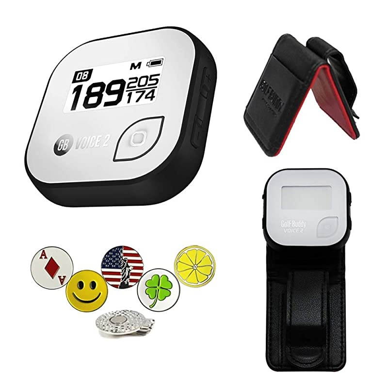 Voice 2 Golf GPS/Rangefinder Bundle with 1 Magnetic Hat Clip and 5 Ball Markers and Belt Clip (Black)