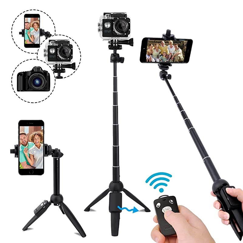 Stick40 Inch Extendable Stick Tripod and Phone Tripod Stand with Rechargeable Wireless RemoteCompatible with iPhone 11 Pro Xs X 8 7 6 PlusSamsung Galaxy S8 S9 S10GoproCamera