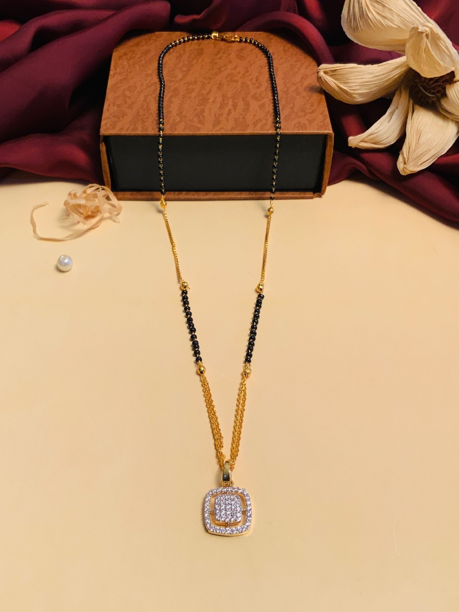 Abdesigns Gold-Plated American Diamond & Black Beaded Mangalsutra