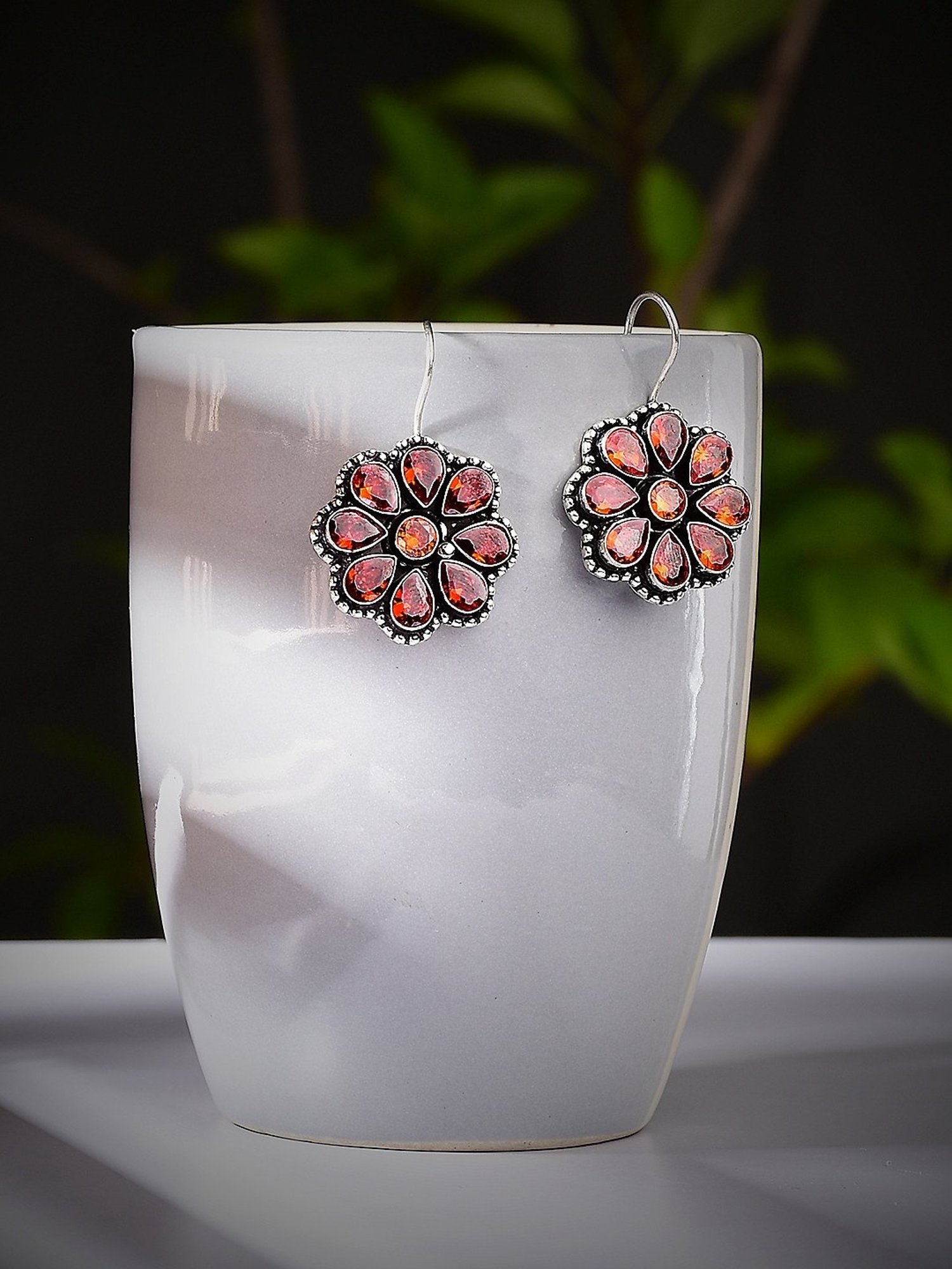 Imli Street Orange Silver Tone Stone-Studded Handcrafted Drop Earrings