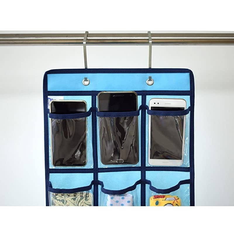 Hanging Closet Underwear Sock Jewelry Storage Over The Door Classroom Cell Phone Calculator Organizer 12 Clear Pockets (Blue)