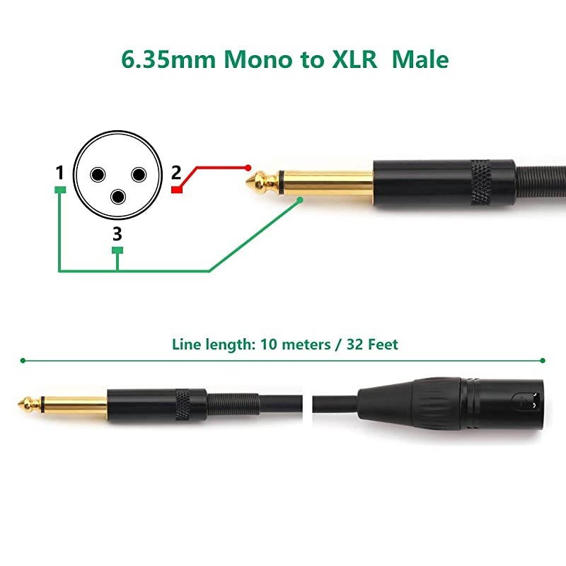 635mm 14 Inch Male TS Male to XLR Interconnect Audio Microphone Cable XLRM32FT