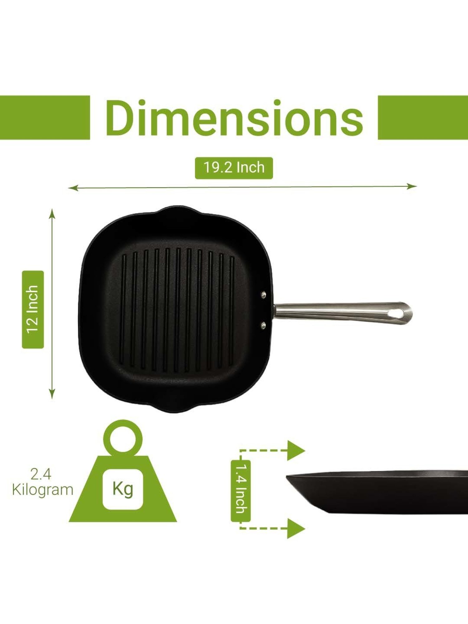 Femora Black Cast Iron Non Toxic & Coating Free Preseasoned Square Grill Pan With Tough Handle(28cm)
