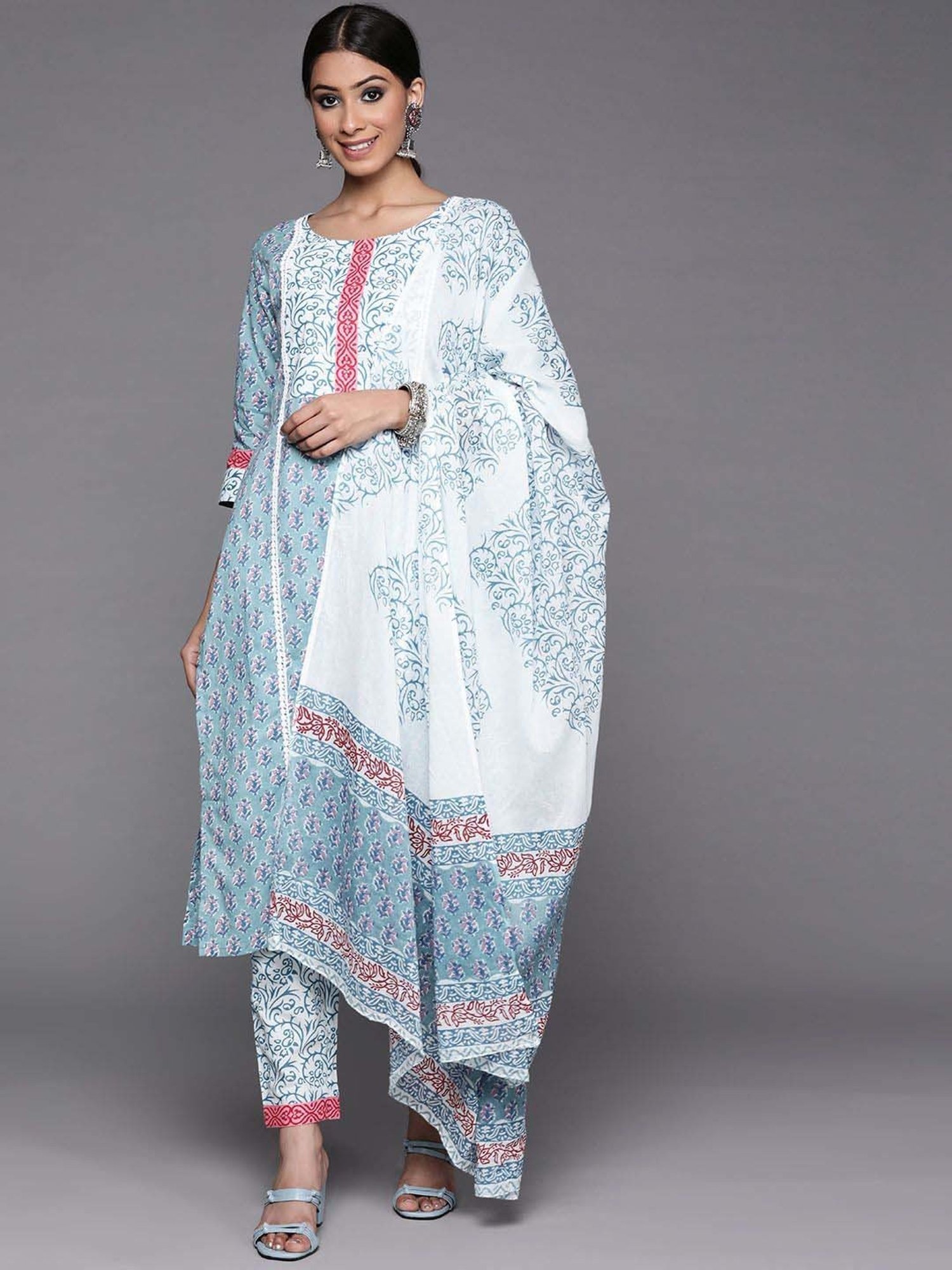 Libas Blue Cotton Printed Kurta Pant Set With Dupatta