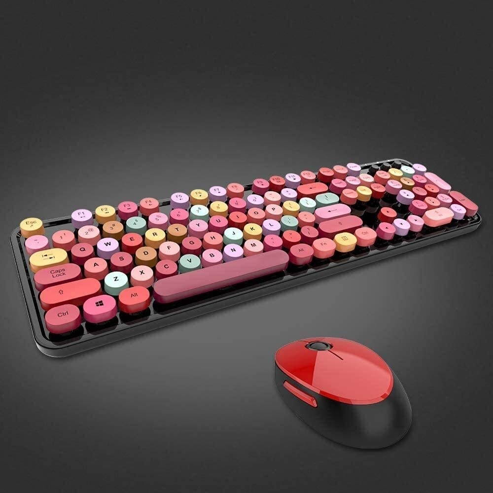 Keyboard and Mouse Combo, 2.4GHz USB Wireless 104-Key Mechanical Feeling Keys Silent Quiet for Office and Gaming, Retro Steampunk Vintage Style Old Fashion Round Keycap Yangmani (Color : Red)
