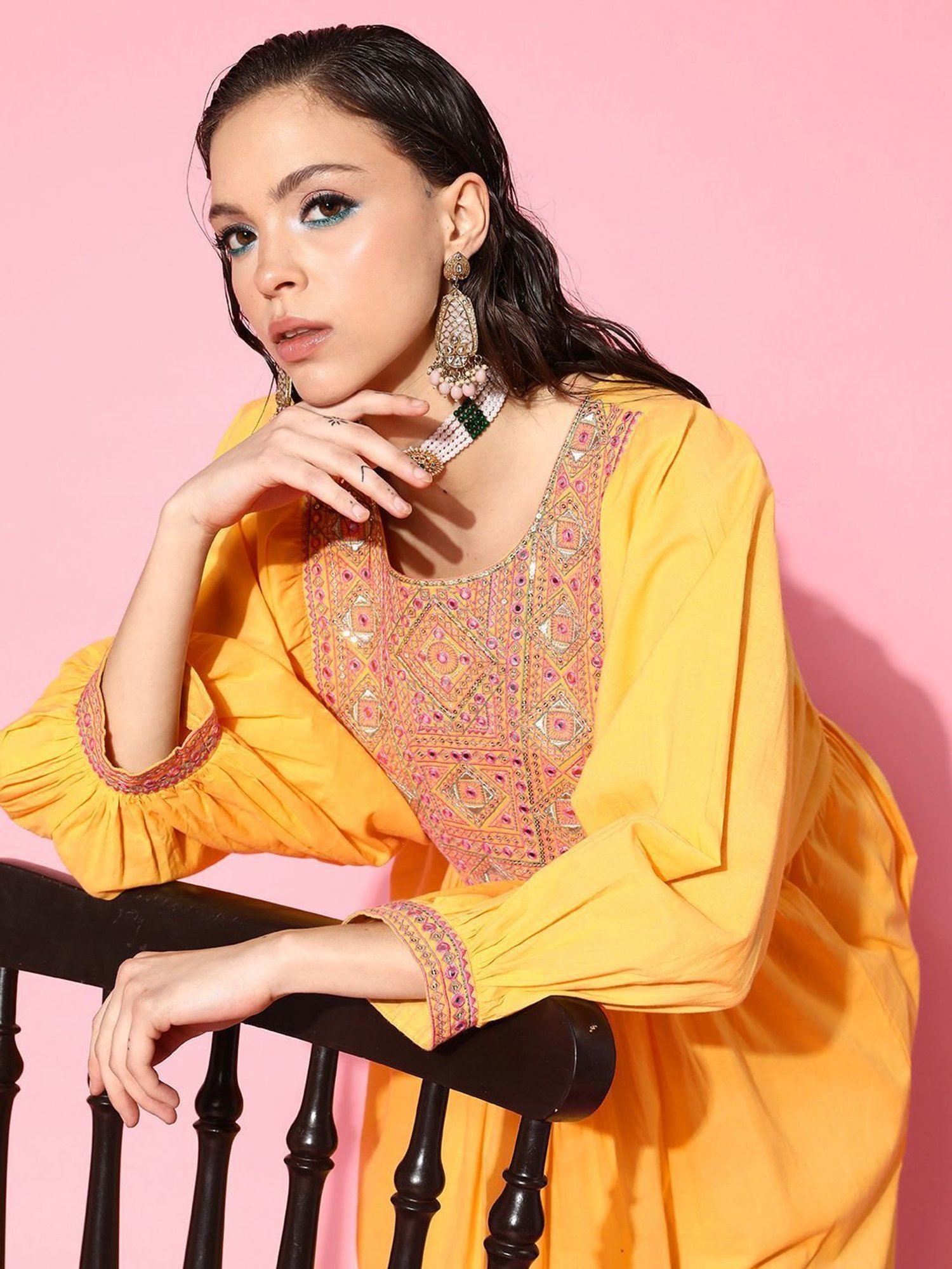 Prakrti Yellow Cotton Embroidered Kurta Pant Set