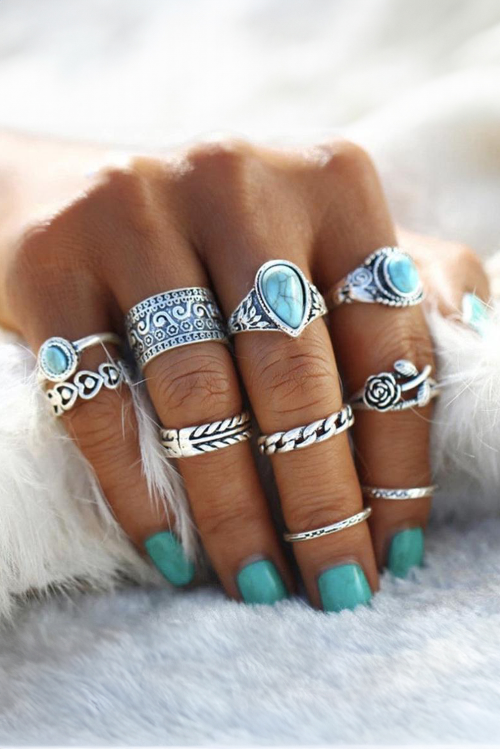 Green 8Pcs Vintage Turquoise Ring Set