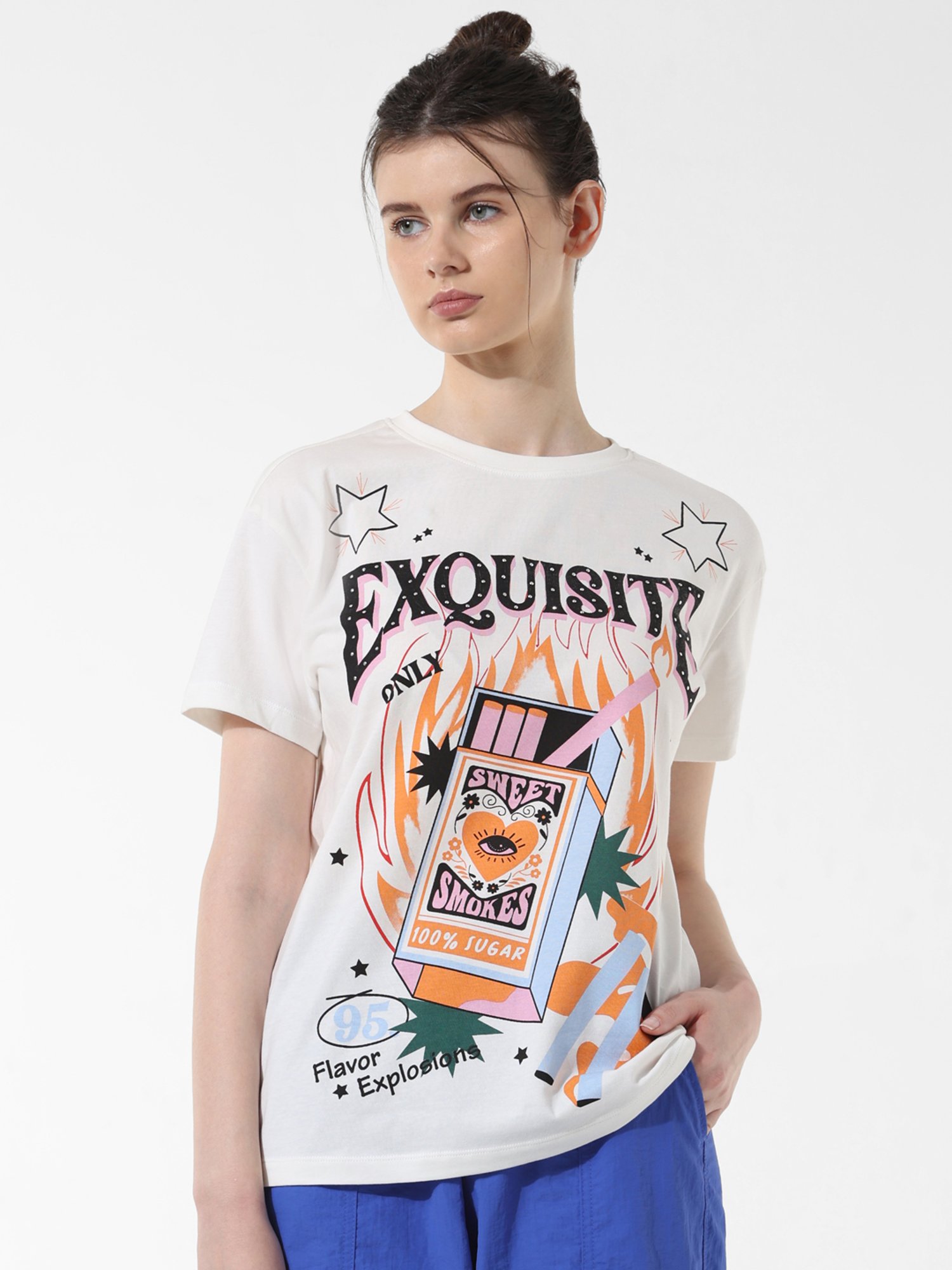 Only White Cotton Graphic Print T-Shirt