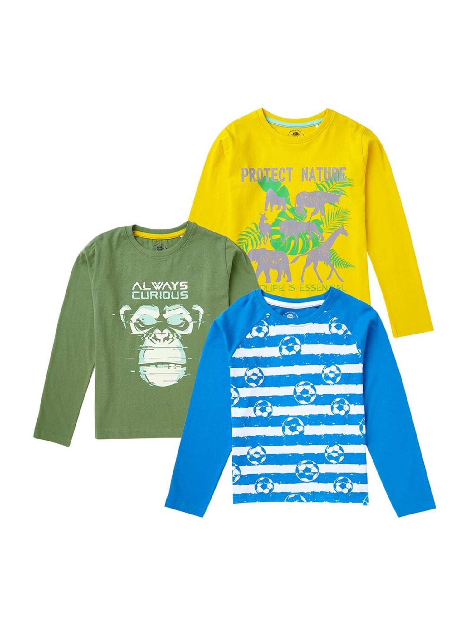 Cub McPaws Kids Multicolor Cotton Printed Full Sleeves T-Shirt (Pack of 3)