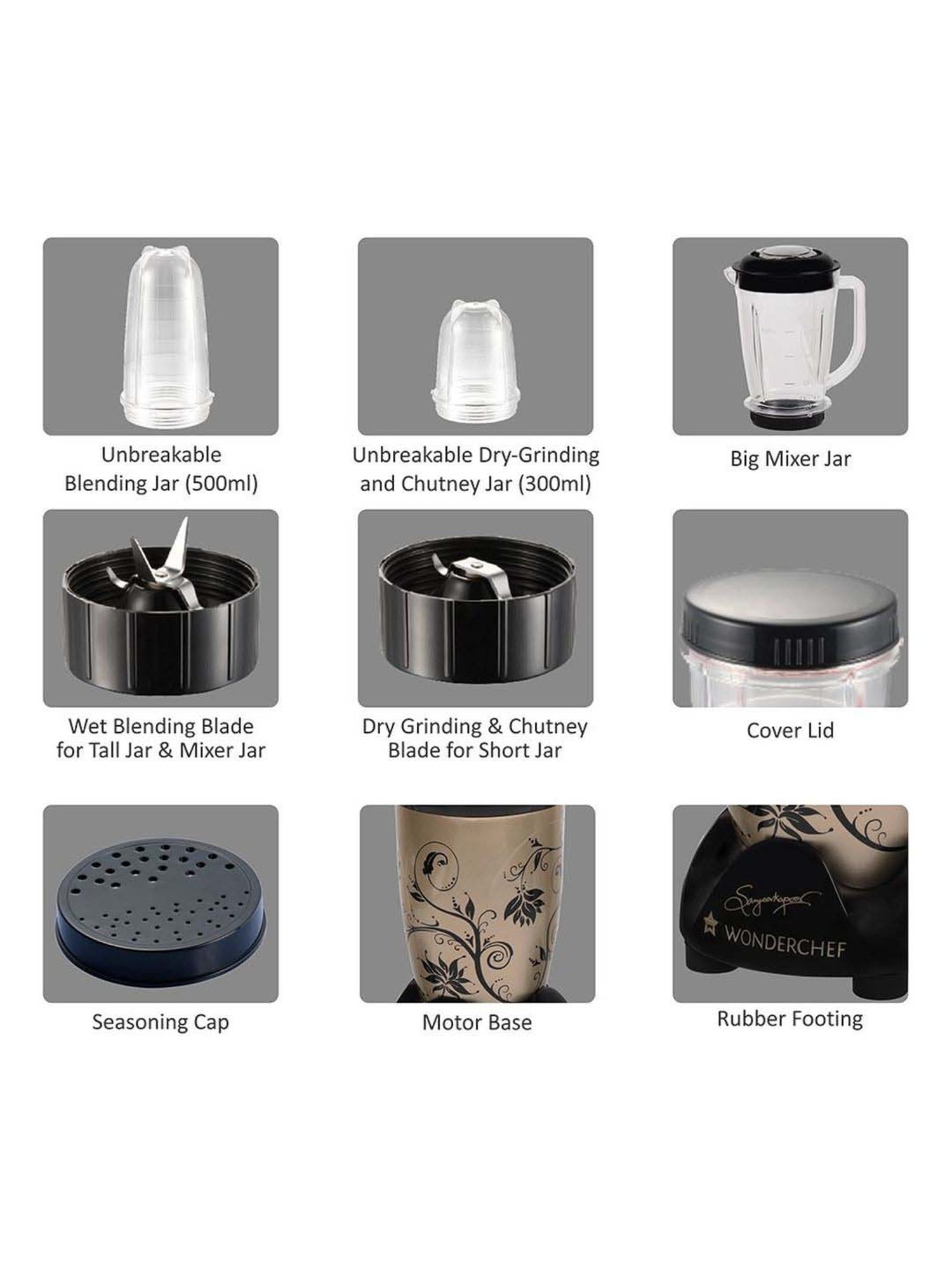 Wonderchef Nutri-Blend 22000 RPM Mixer-Grinder with 3 unbreakable jars (400W, Champagne)