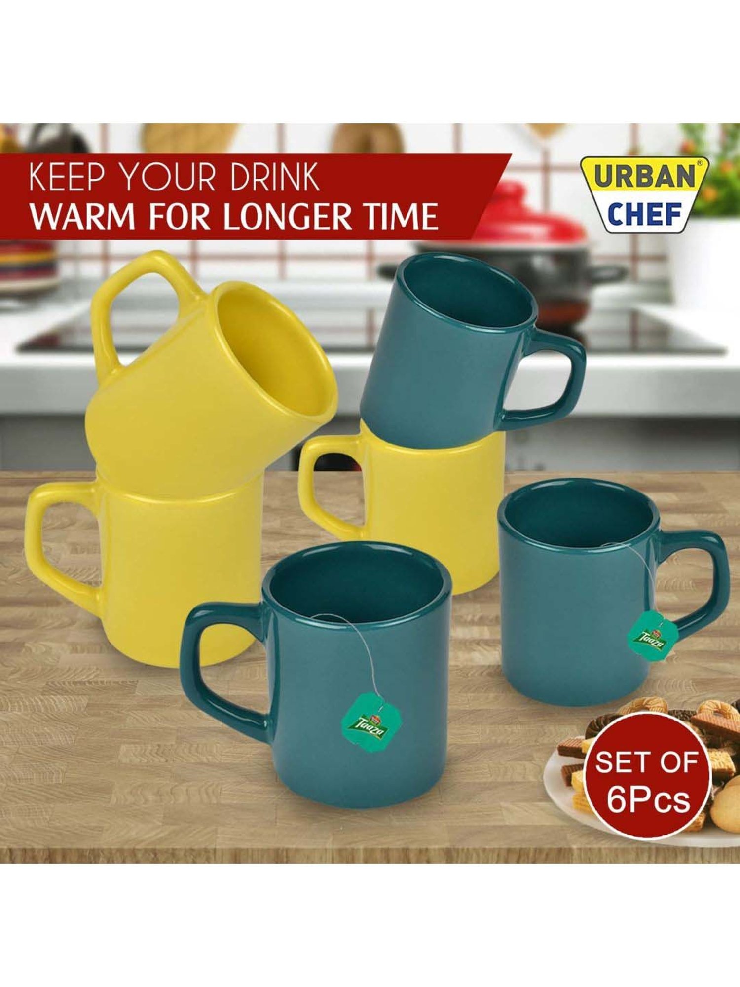 Urban Chef Yellow & Dark Green Ceramic Droite Handcrafted Microwave Safe Cup - Set of 6