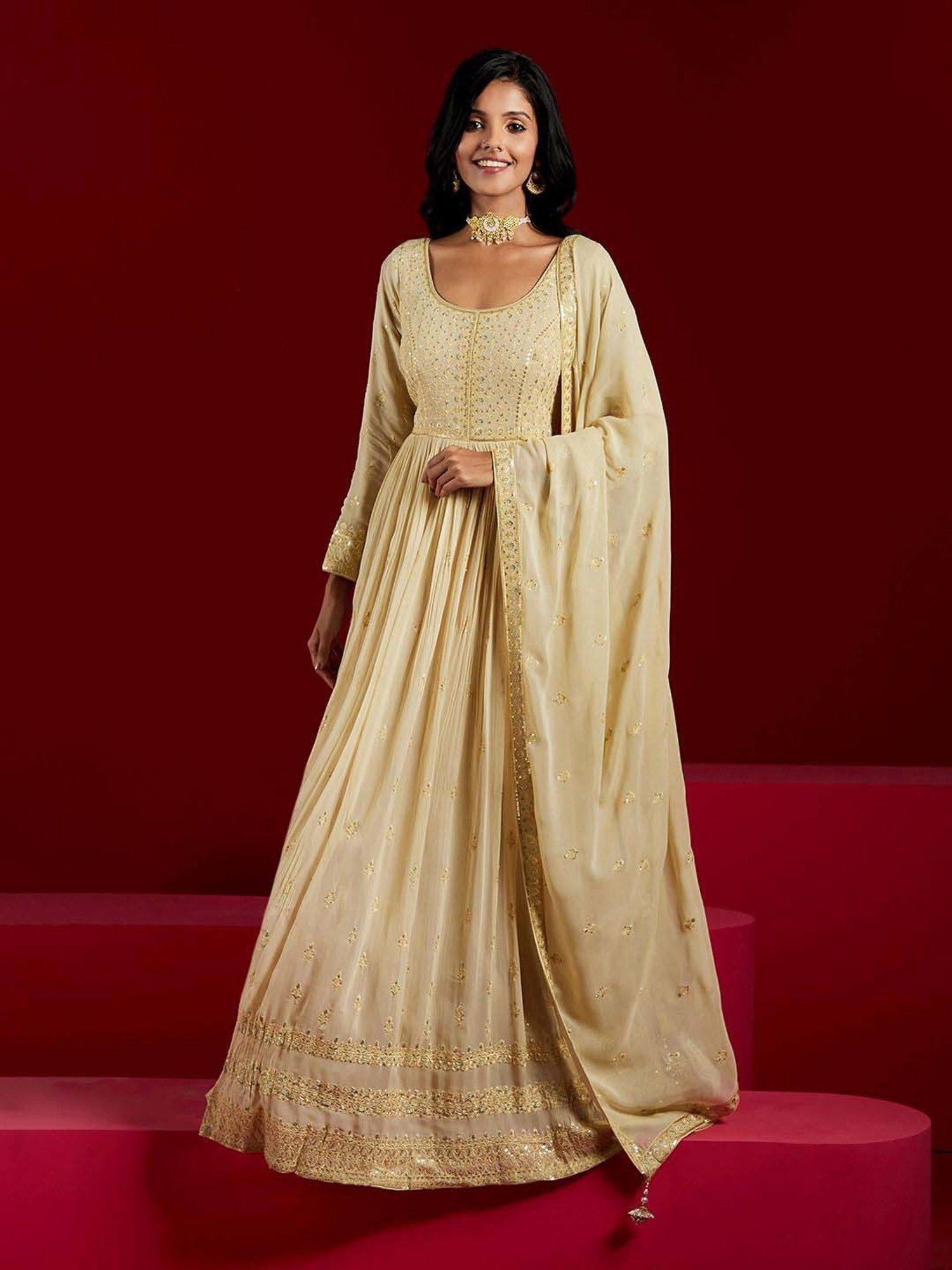 Libas Art Beige Embroidered Kurta Pant Set With Dupatta