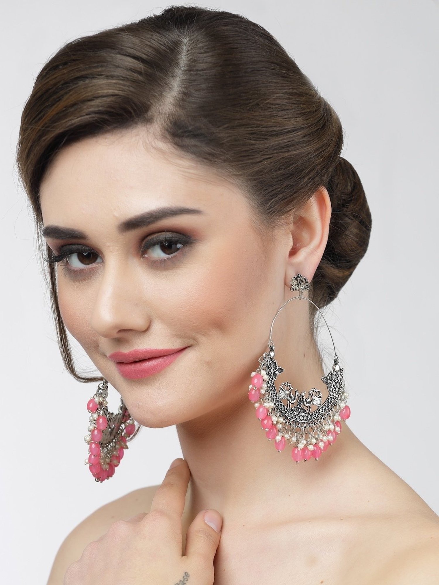 Moedbuille Handcrafted Pink Pearl Filigree Work Silver-Plated Antique Tassel Chand Bali Earrings