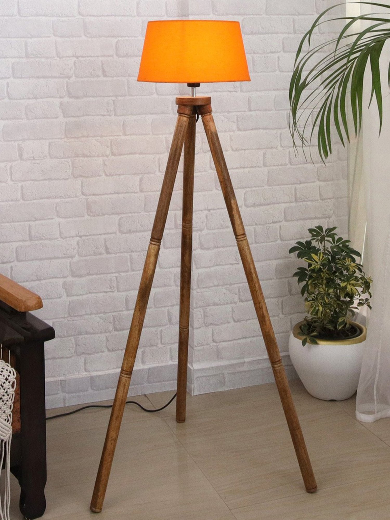 Homesake 'Tripod' Orange & Brown Wood Tall Floor Lamp With Shade & Bulb - Set of 1