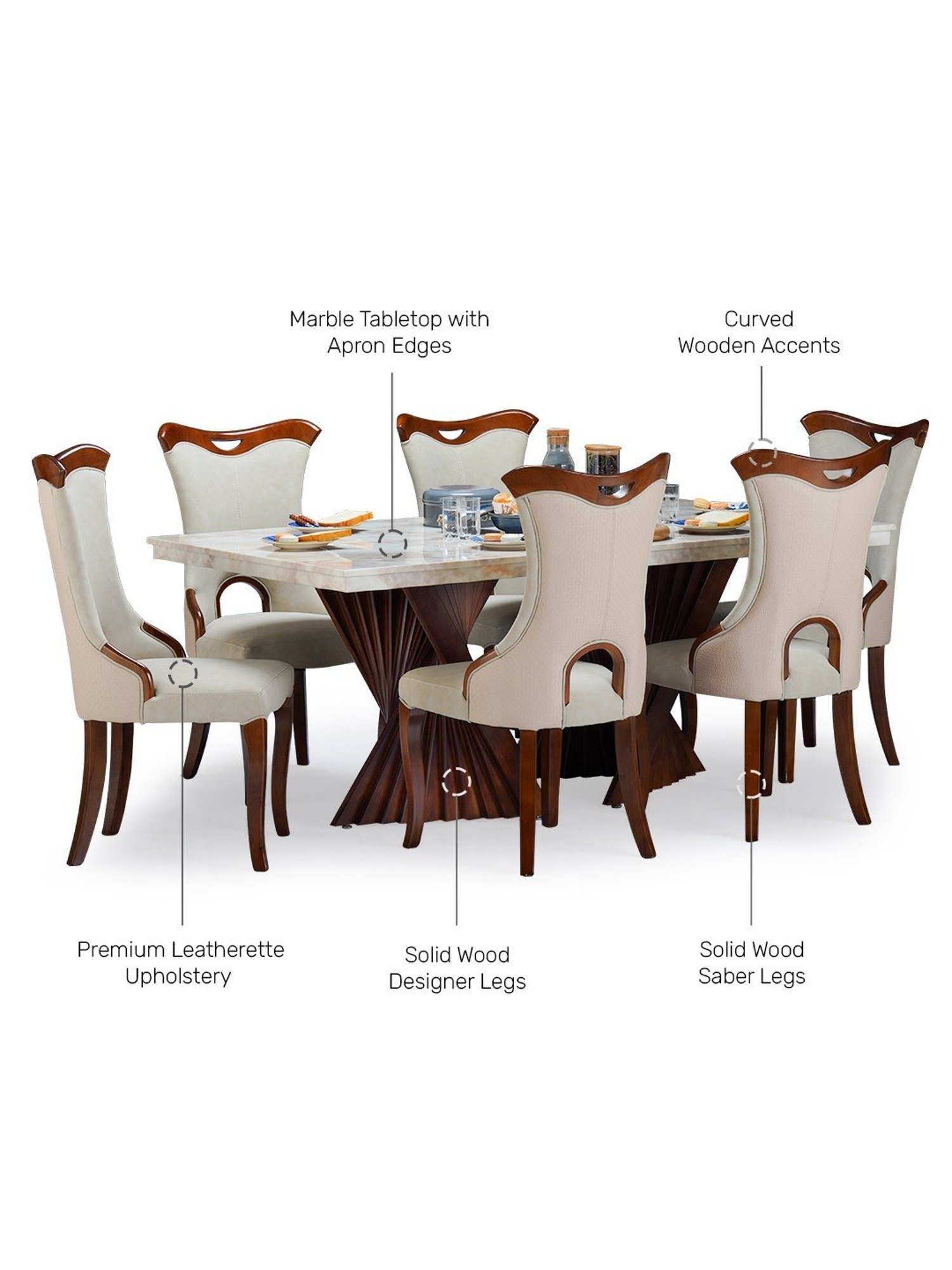 Durian Elanor Modern Tan Beige & Oak Brown Composite Marble 6 Seater Dining Set