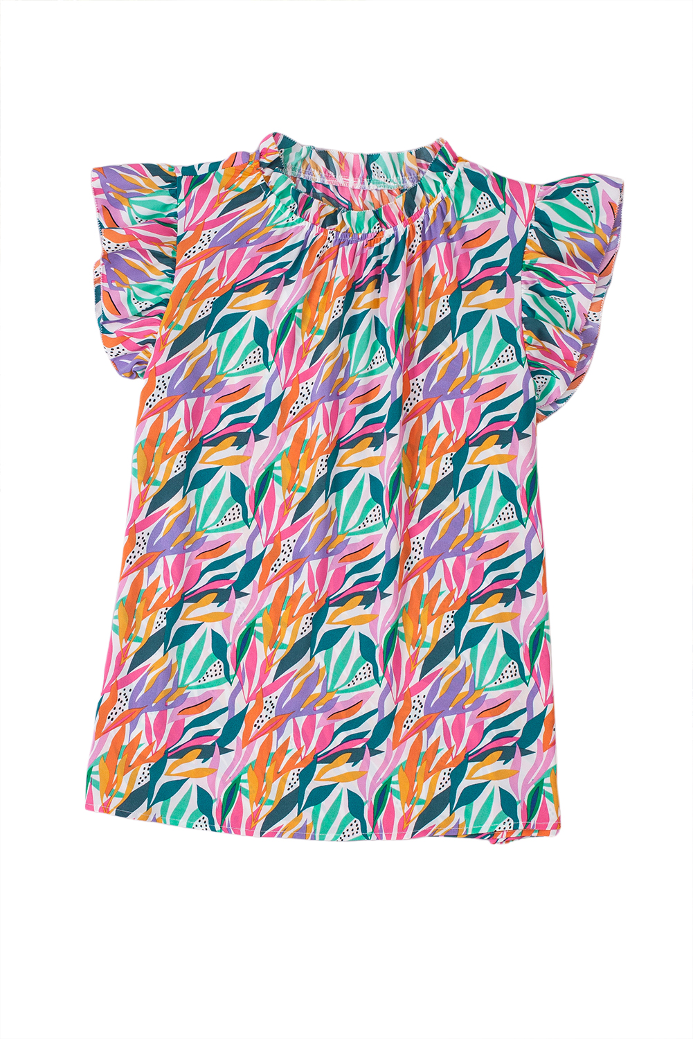 Rose Red Abstract Print Ruffled Flutter Shoulder Blouse