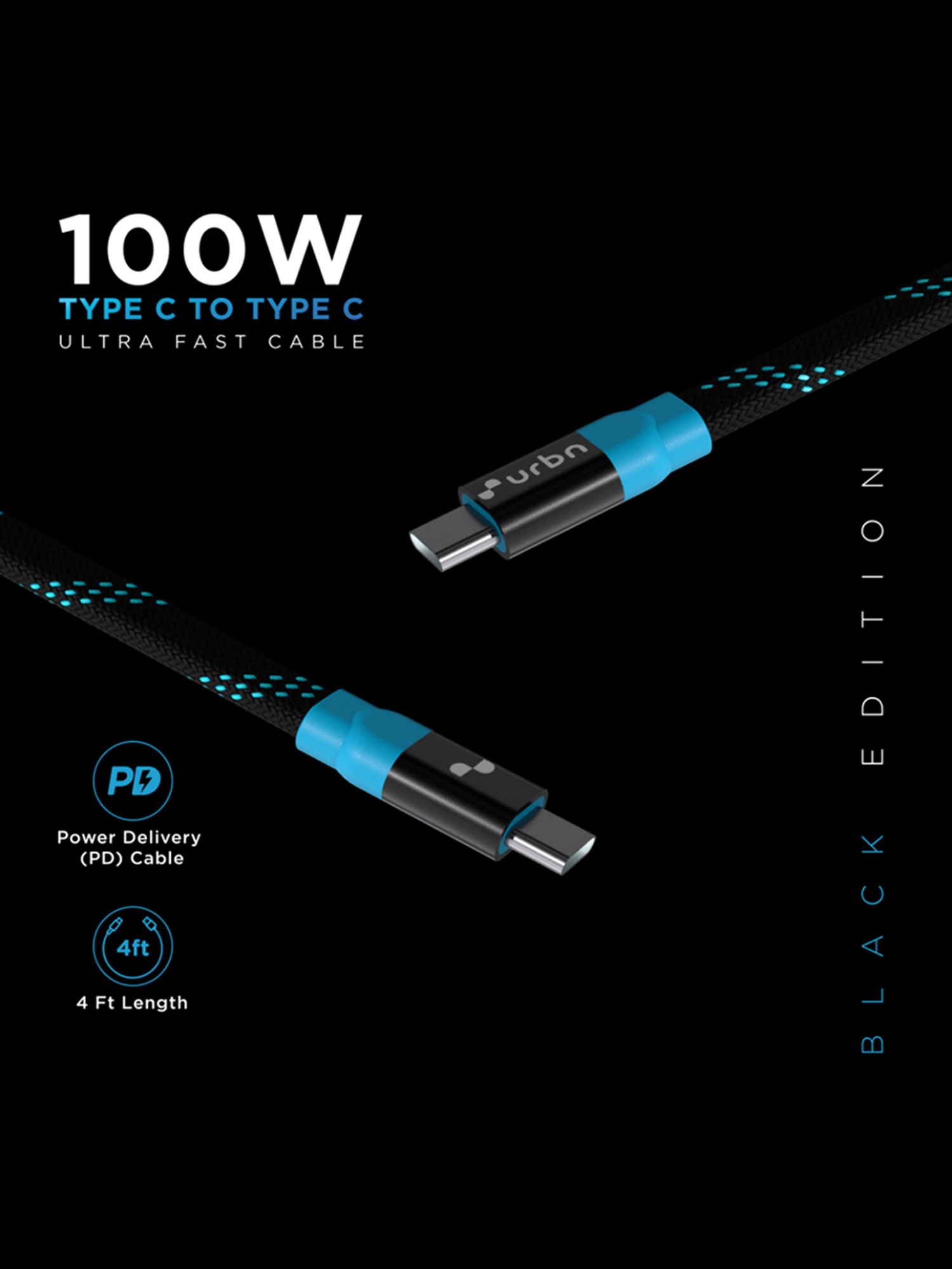 URBN 100W Super Fast PD Cable, Type C to C, Flat Cable, Made for Mobiles & Laptops 4 Feet (Black)