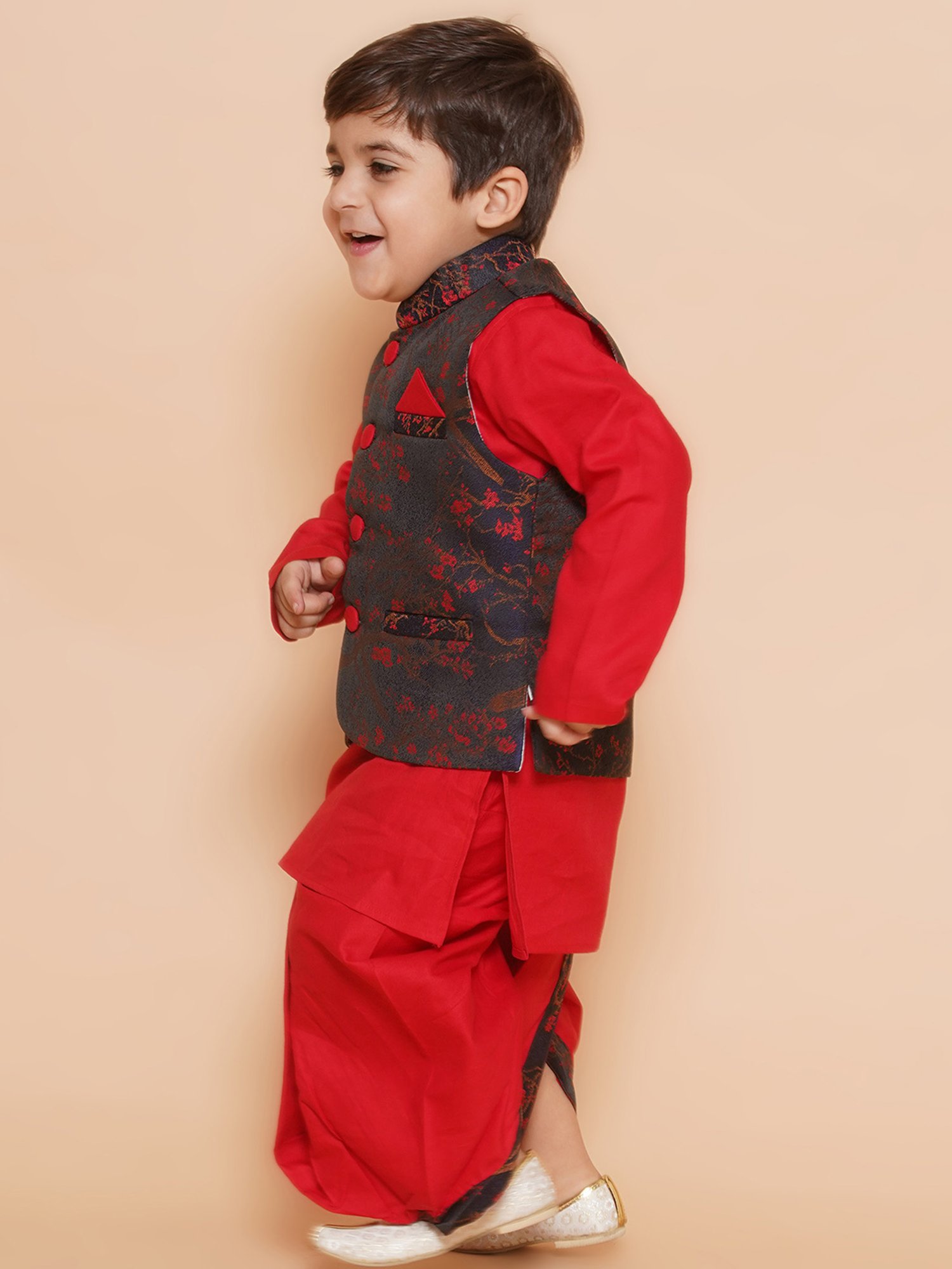 AJ Dezines Kids Black & Red Printed Full Sleeves Kurta, Dhoti with Waistcoat