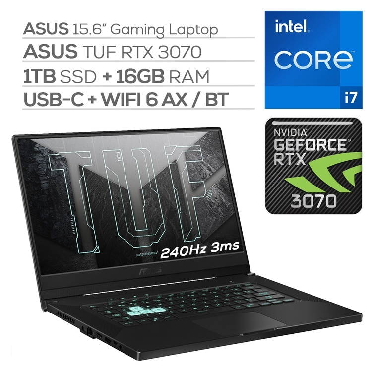ASUS TUF 3070 Gaming Laptop, 240Hz 3ms FHD 15.6" Display, Intel Core i7-11370H, GeForce RTX 3070 8GB GDDR6, 16GB RAM, 1TB SSD, Thunderbolt 4, Backlit KB, WiFi 6, Ethernet, Win 10