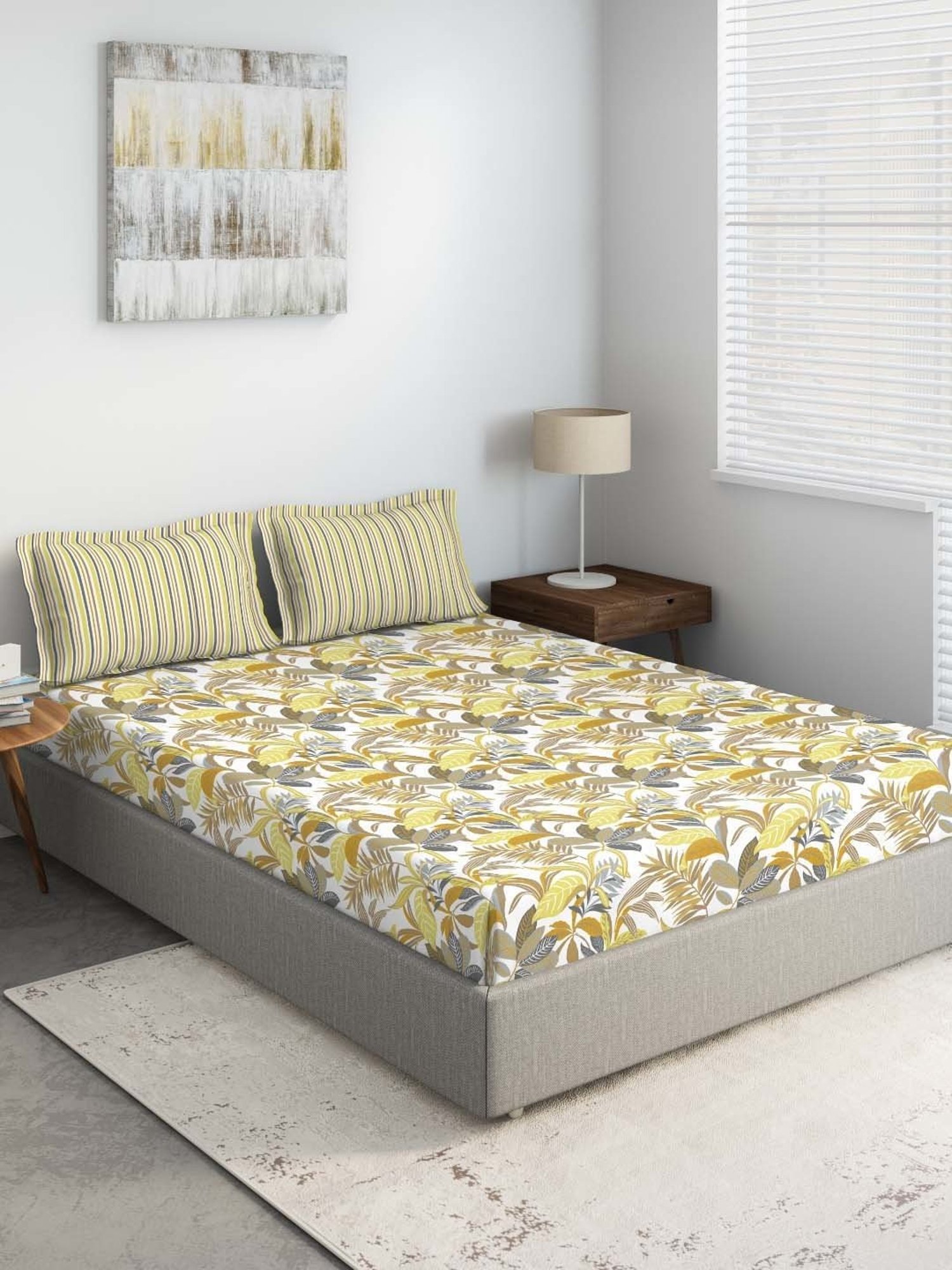 DDecor Alpha Floral Yellow 144 TC Cotton Double Bedsheet with 2 Pillow Covers
