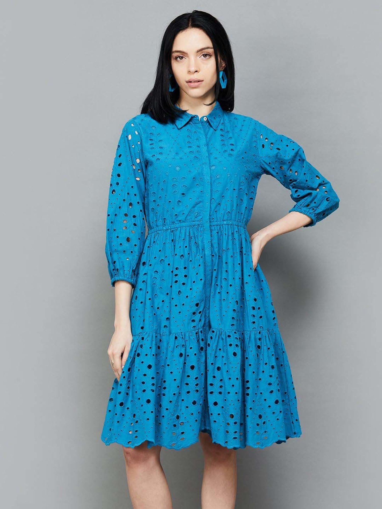 Colour Me by Melange Blue Cotton Self Pattern Shirt Dress