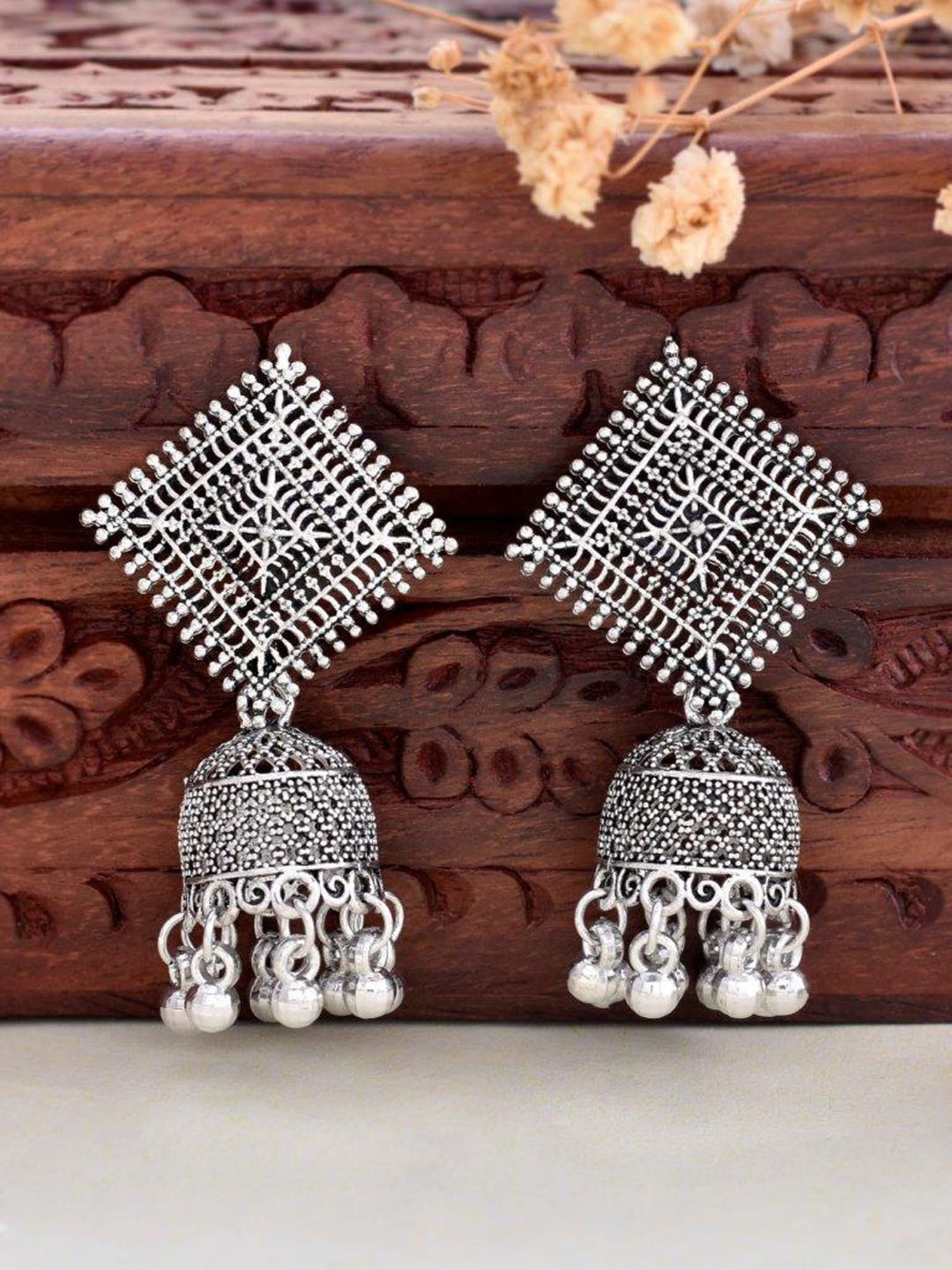 VOJ Silver Plated Oxidised Jhumka for Women