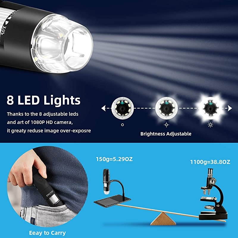 Wireless Digital Microscope USB 50X-1000X 2MP 1080P Handheld Portable Mini WiFi Microscope Camera with 8 LED Lights for iPhone/iPad/Mac/Android Phone/Tablet/PC