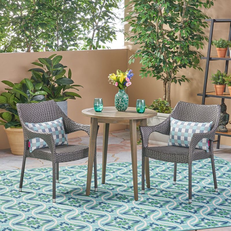 Louisa 3pc Acacia & Wicker Bistro Set - Gray - Christopher Knight Home
