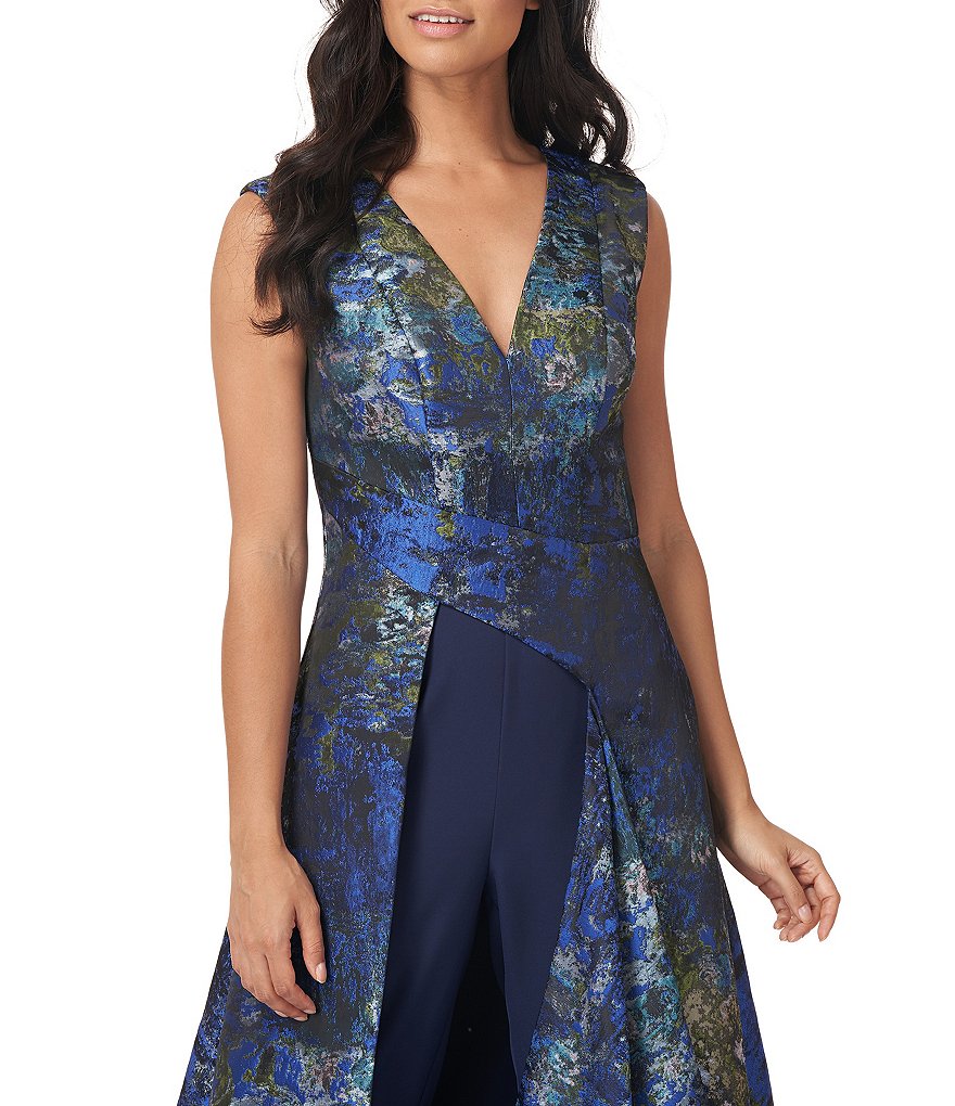 Kay Unger Sidney Jacquard and Crepe Walk-Thru Jumpsuit Dress