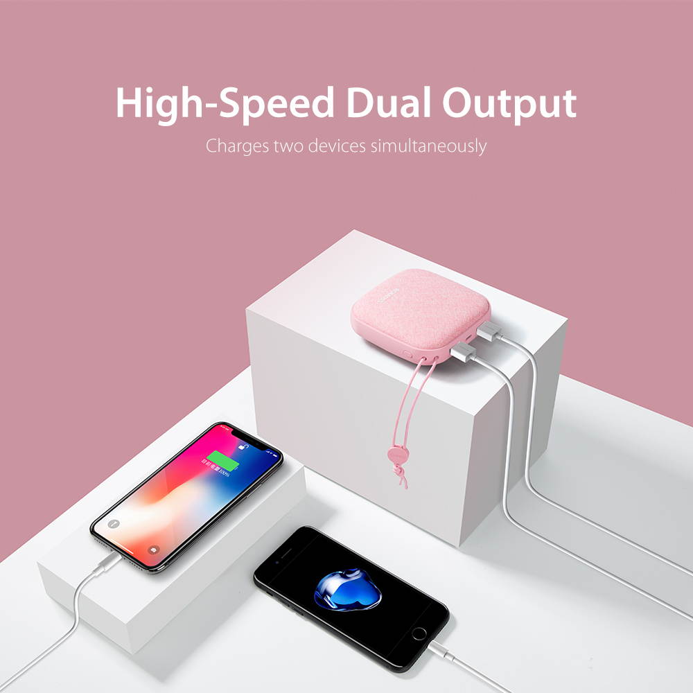 ROMOSS Style Power Bank 10,000mAh, Candybox 2.1A Dual USB Fabric Portable Charger with Hanging Ring Compatible for iPhone X, Samsung Galaxy S9 and More (Candy Pink)