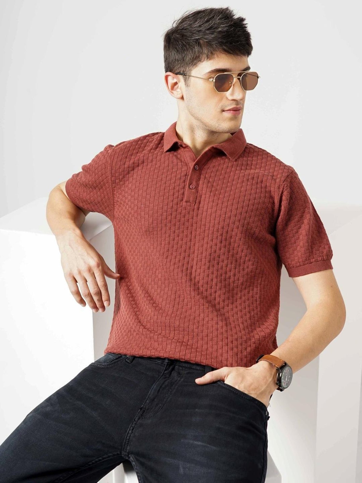 Celio Dk Brown Cotton Regular Fit Striped Polo T-Shirt